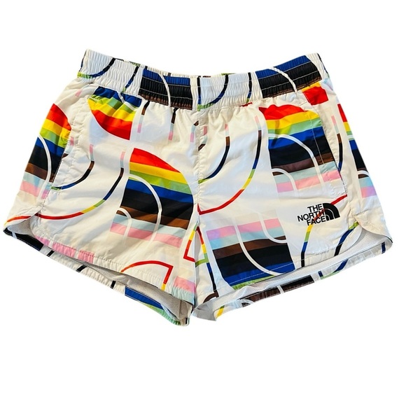 THE NORTH FACE WOMEN’S ATHLETIC SHORTS WHITE & RAINBOW COLORS SIZE SMALL - Picture 1 of 12